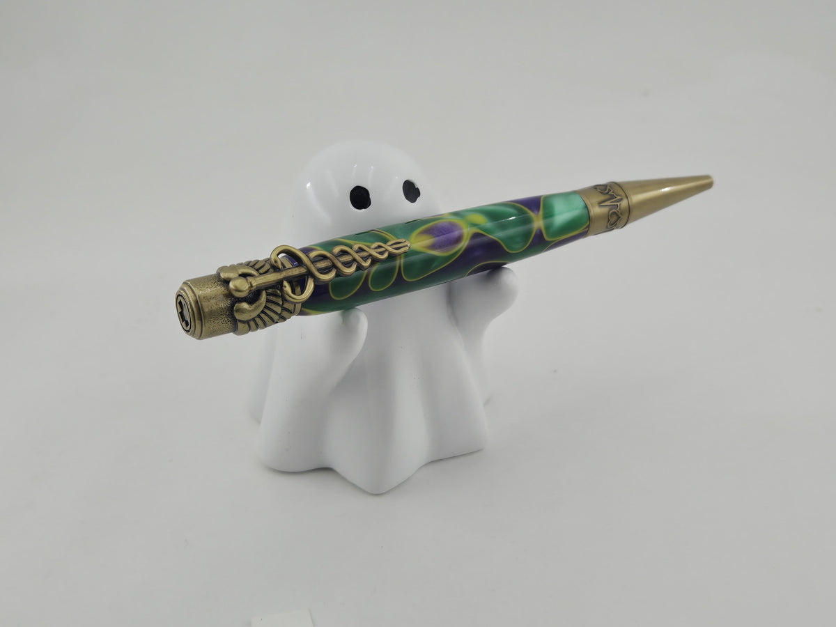 Medical Twist Pen – Hand-Turned Caduceus Pen with EKG Heartbeat Tip - Bourbon Street BTW16PBL Acrylic, Antique Brass