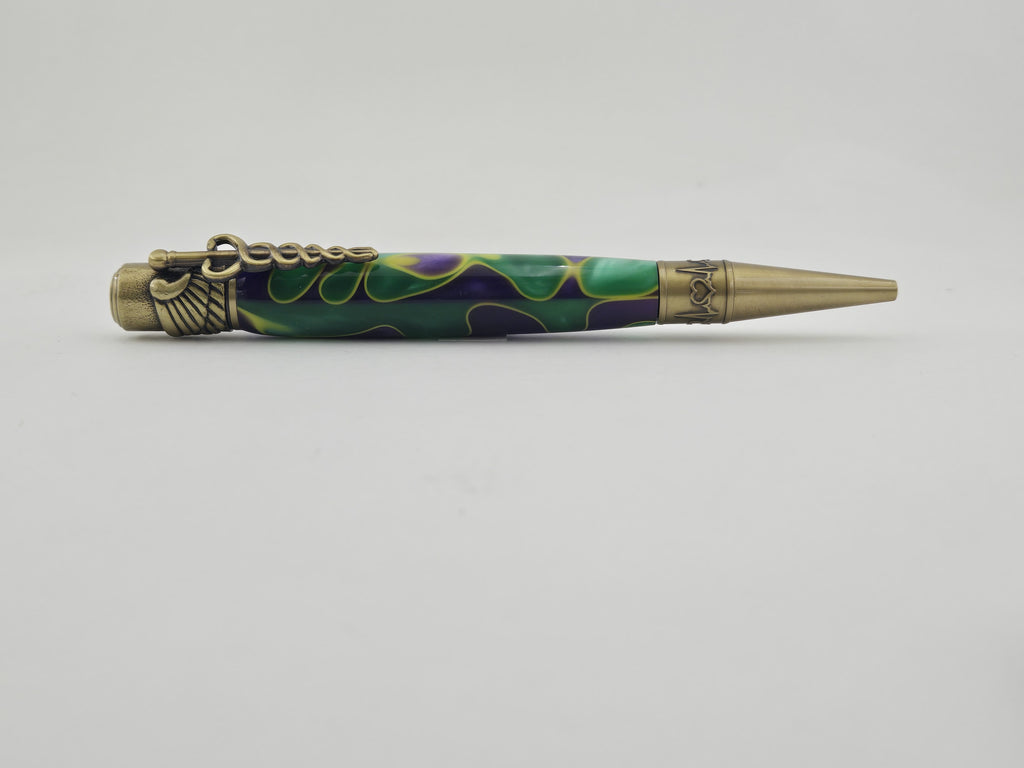 Medical Twist Pen – Hand-Turned Caduceus Pen with EKG Heartbeat Tip - Bourbon Street BTW16PBL Acrylic, Antique Brass
