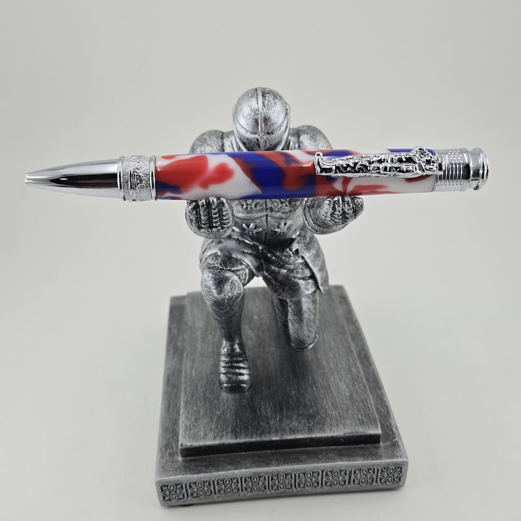 Hand-Turned Military Pen – Sculpted Soldier Clip and USA End Cap Twist Pen - Patriotic Camo, Chrome