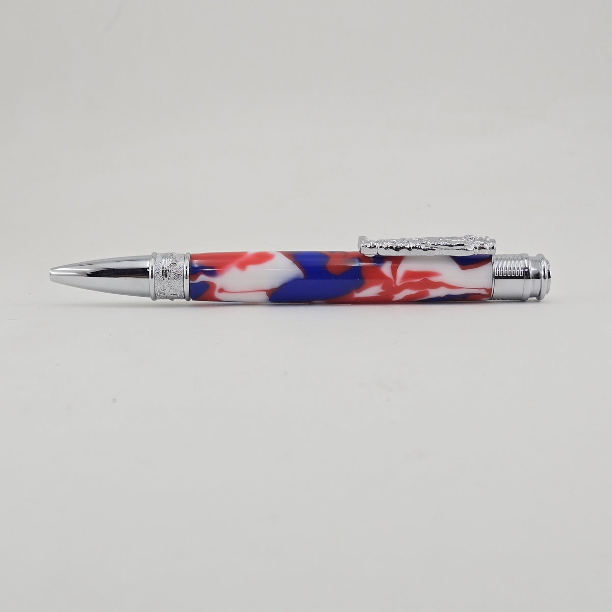 Hand-Turned Military Pen – Sculpted Soldier Clip and USA End Cap Twist Pen - Patriotic Camo, Chrome
