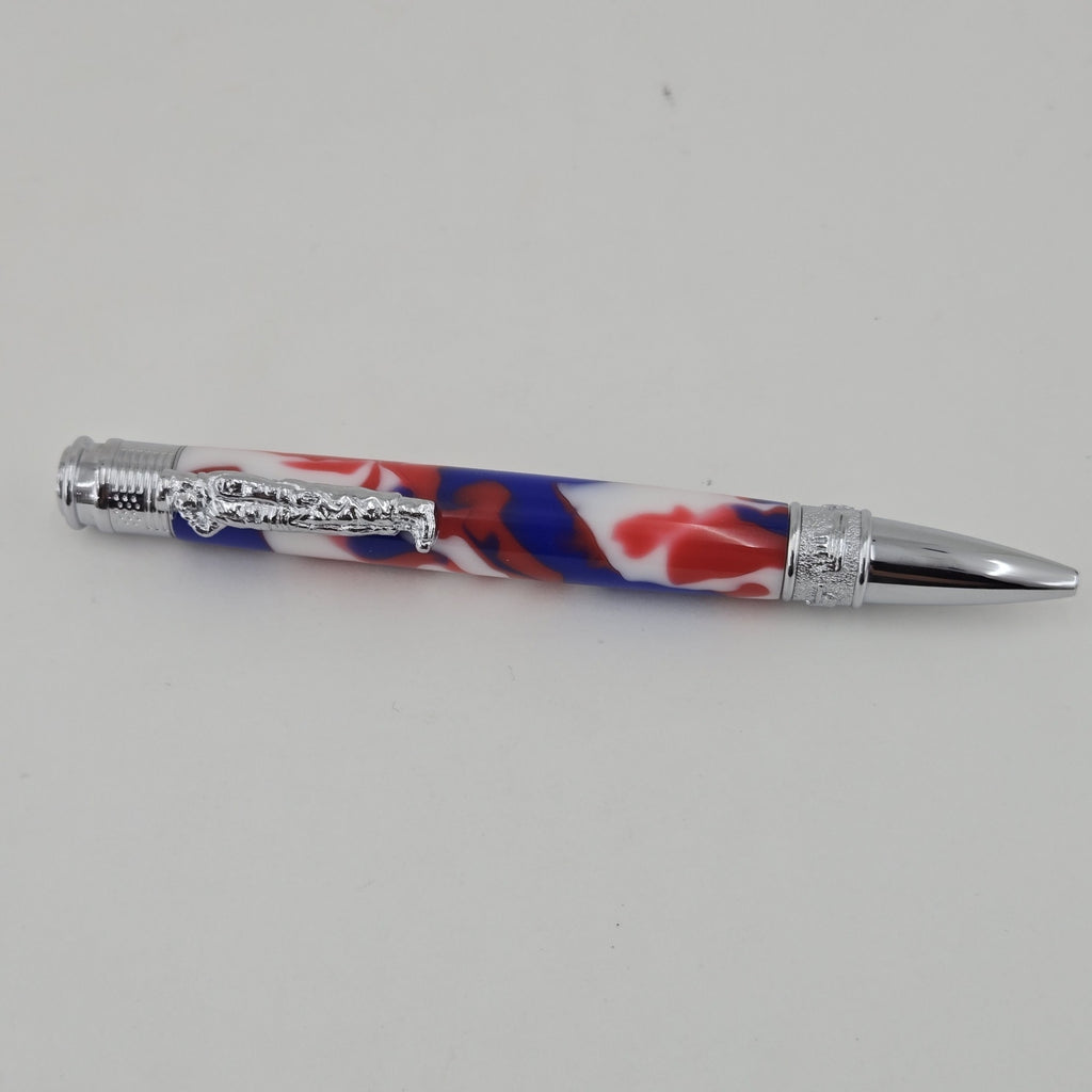 Hand-Turned Military Pen – Sculpted Soldier Clip and USA End Cap Twist Pen - Patriotic Camo, Chrome
