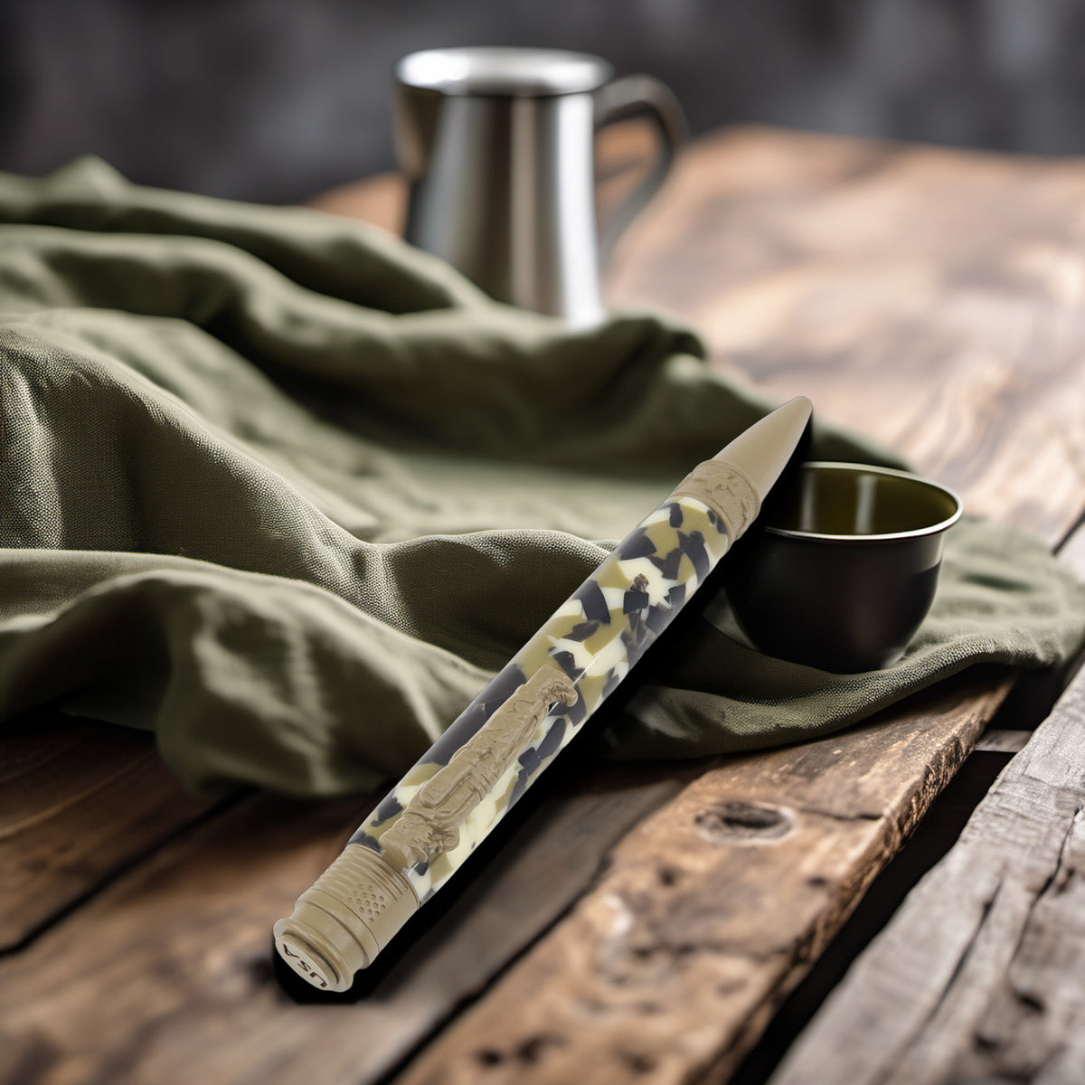 Hand-Turned Military Pen – Sculpted Soldier Clip and USA End Cap Twist Pen - Woodland Camo, Flat Dark Earth