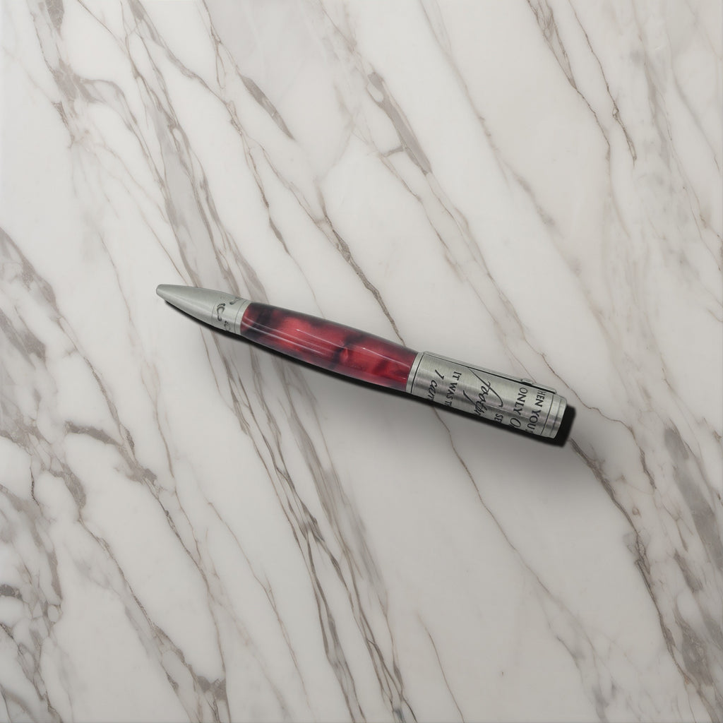 Footprints in the Sand Pen – Hand-Turned Twist Pen with Cross Clip - Ruby Red Silk, Antique Pewter