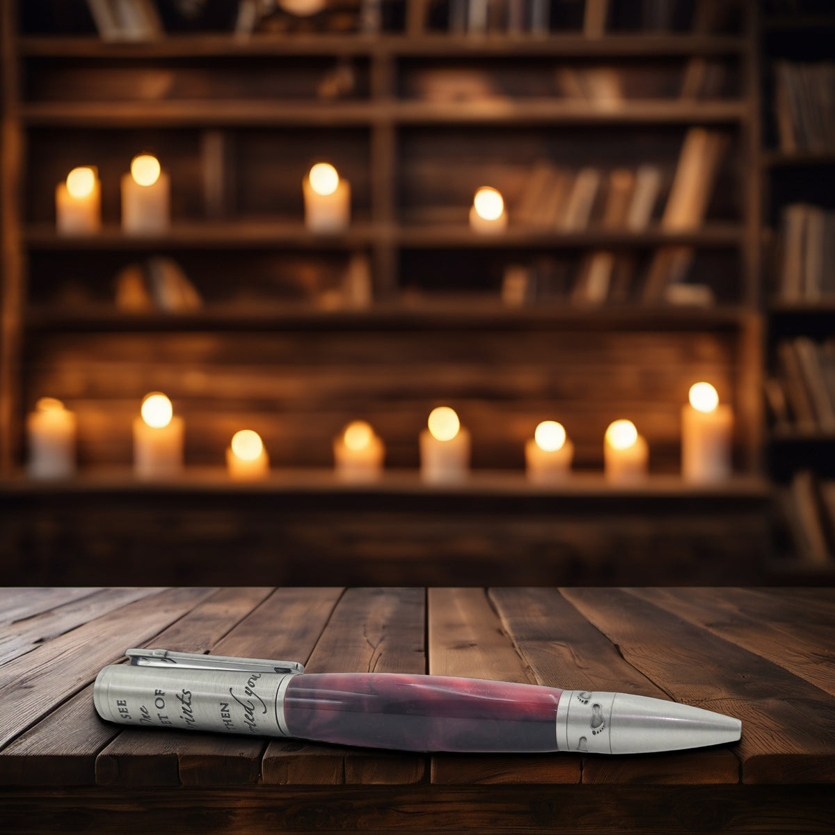 Footprints in the Sand Pen – Hand-Turned Twist Pen with Cross Clip - Ruby Red Silk, Antique Pewter