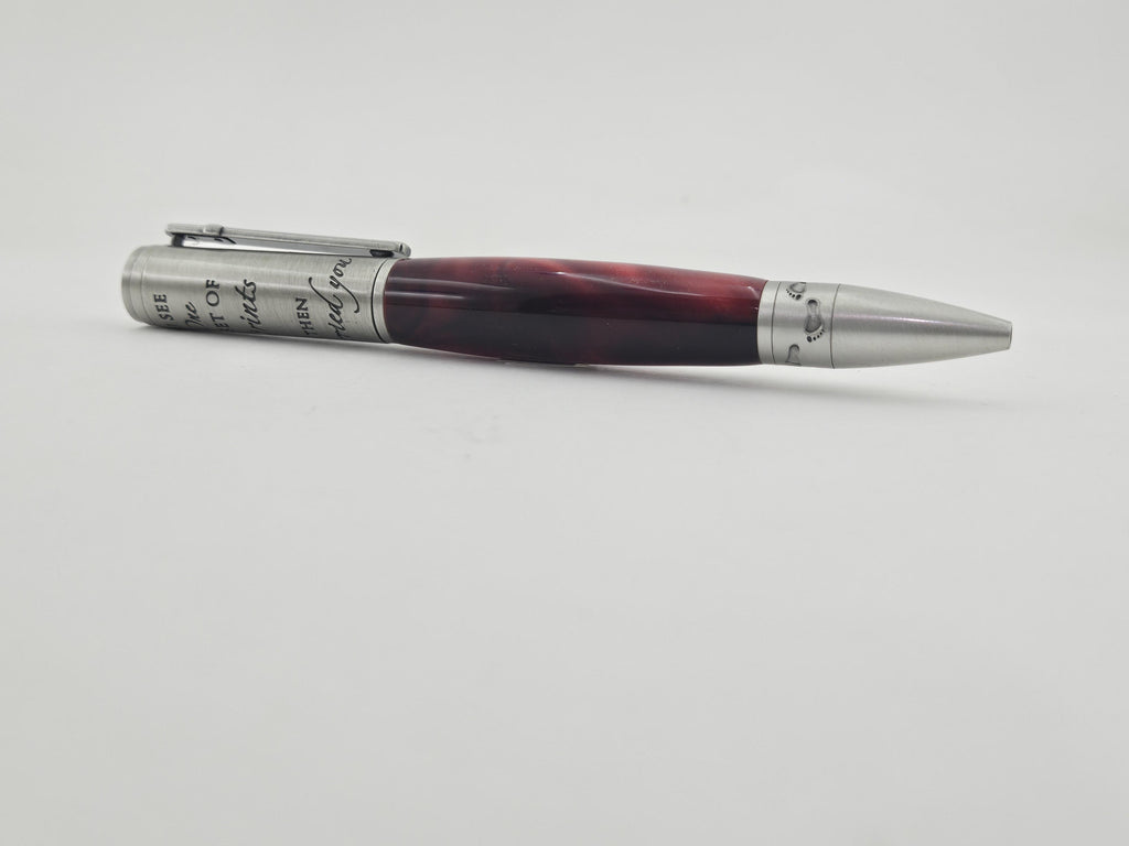 Footprints in the Sand Pen – Hand-Turned Twist Pen with Cross Clip - Ruby Red Silk, Antique Pewter