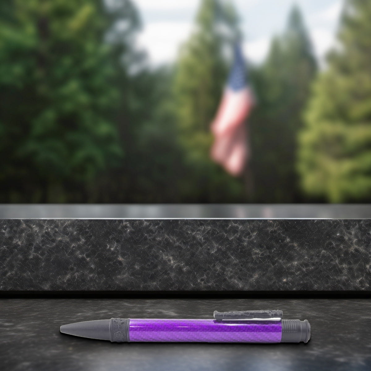 Hand-Turned Military Pen – Sculpted Soldier Clip and USA End Cap Twist Pen - Purple Carbon Fiber, Matte Black