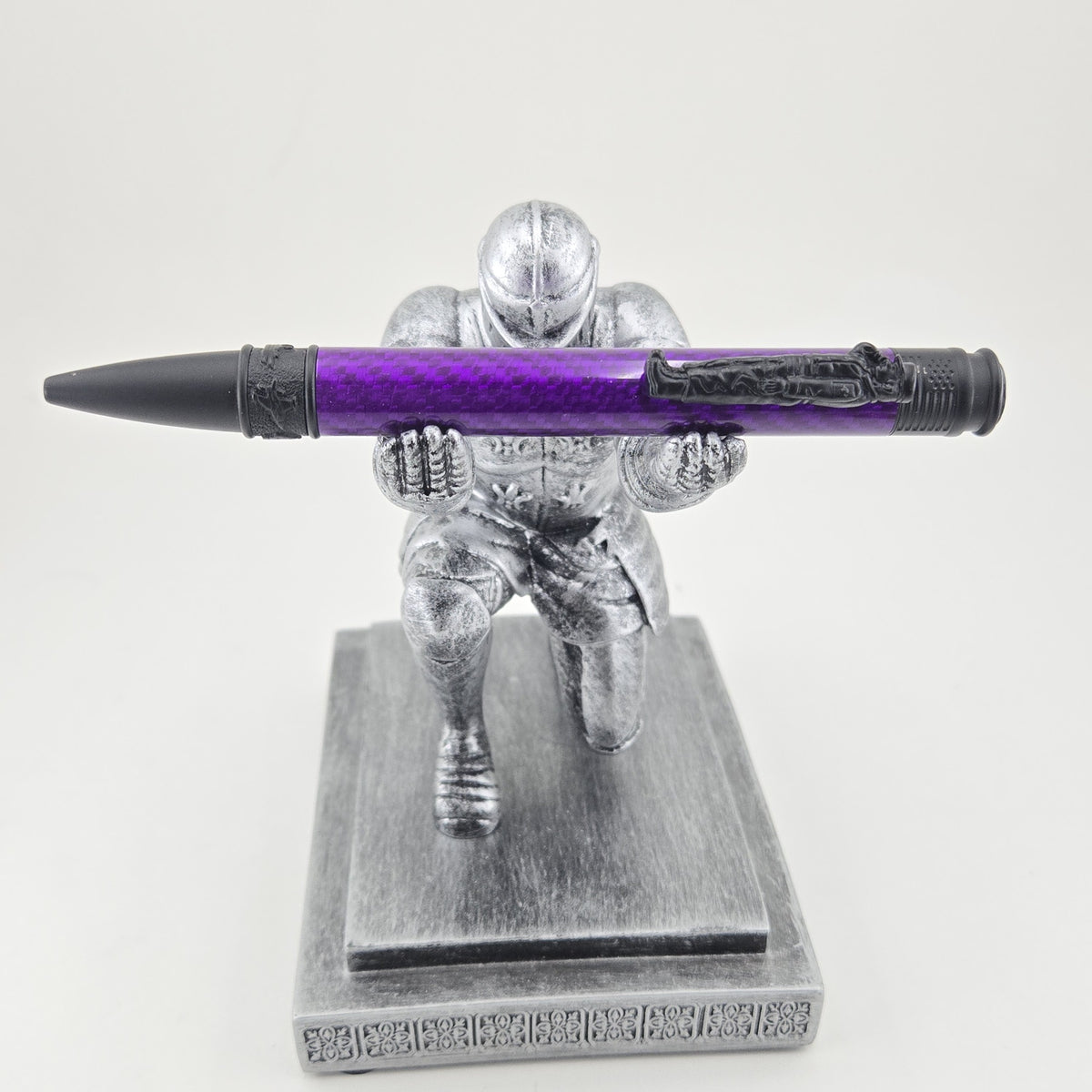 Hand-Turned Military Pen – Sculpted Soldier Clip and USA End Cap Twist Pen - Purple Carbon Fiber, Matte Black