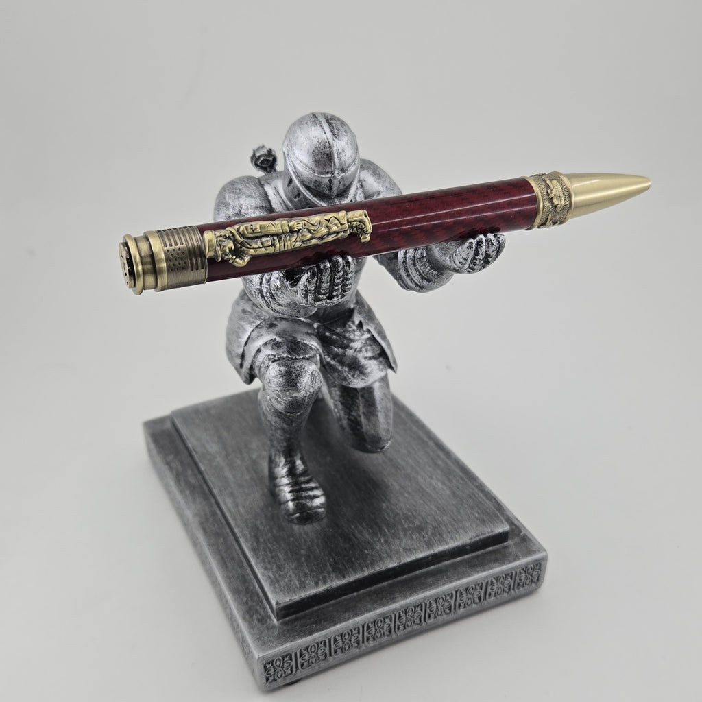 Hand-Turned Military Pen – Sculpted Soldier Clip and USA End Cap Twist Pen - Red Carbon Fiber, Antique Brass