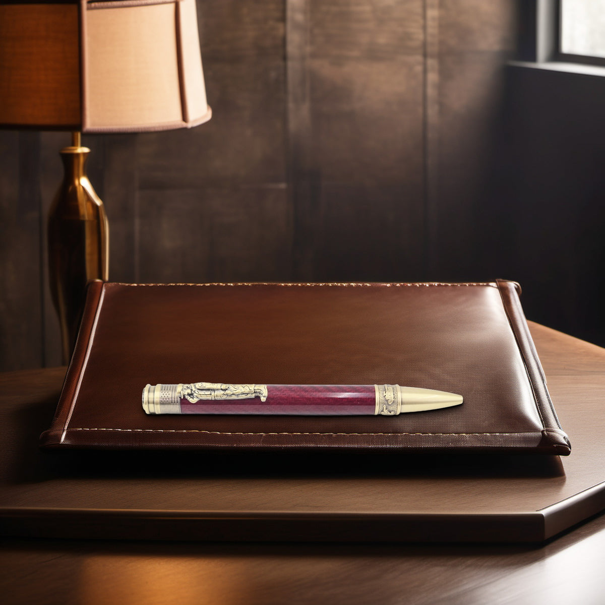Hand-Turned Military Pen – Sculpted Soldier Clip and USA End Cap Twist Pen - Red Carbon Fiber, Antique Brass
