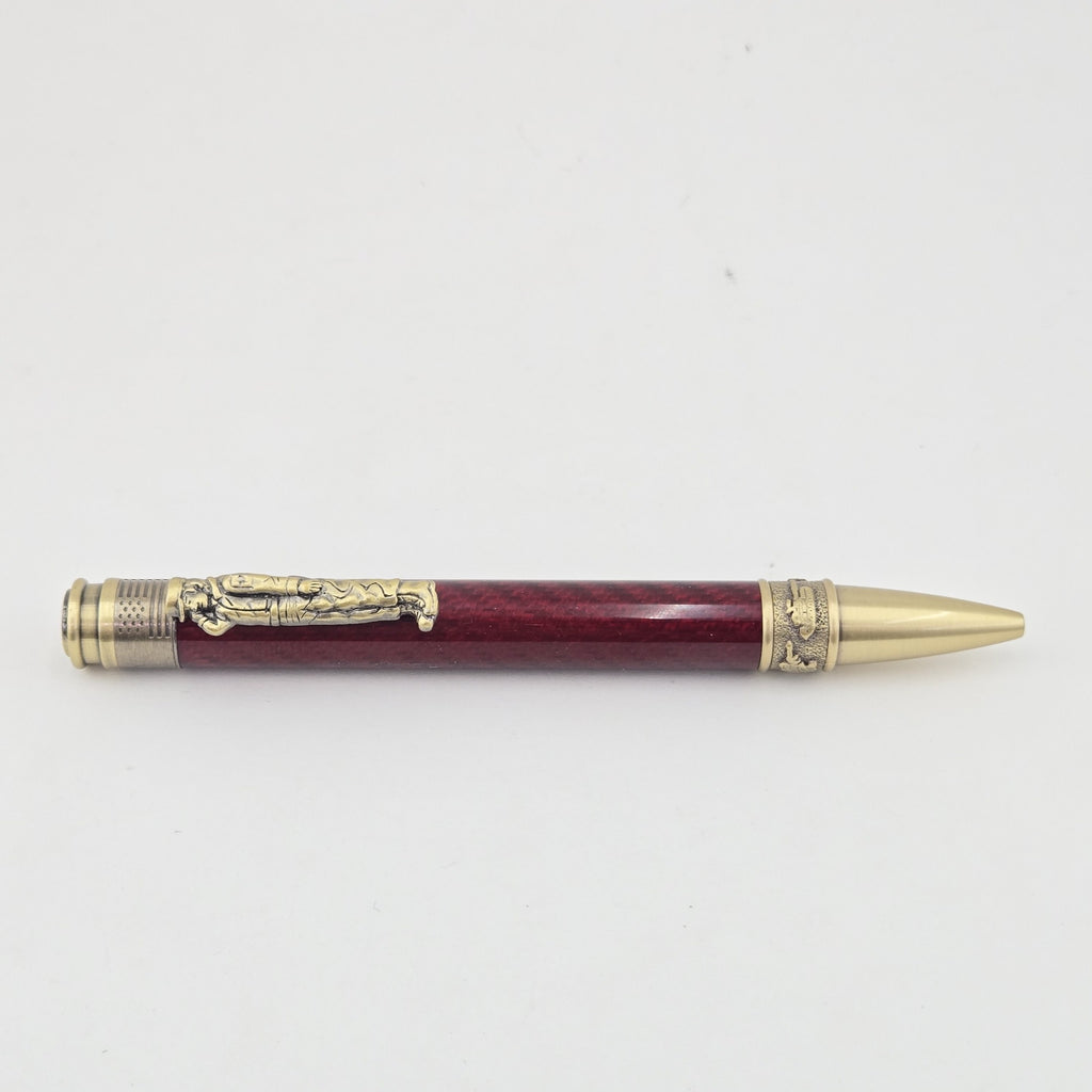Hand-Turned Military Pen – Sculpted Soldier Clip and USA End Cap Twist Pen - Red Carbon Fiber, Antique Brass