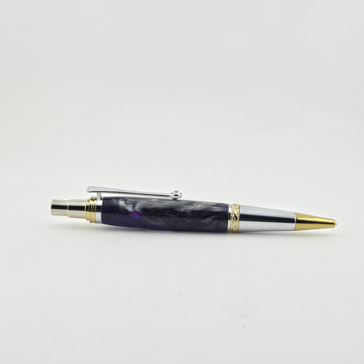 Majestic Squire EDC Click Pen – Hand-Turned Click Pen with Crystal Clip - Purple Damascus, Gold TN and Chrome