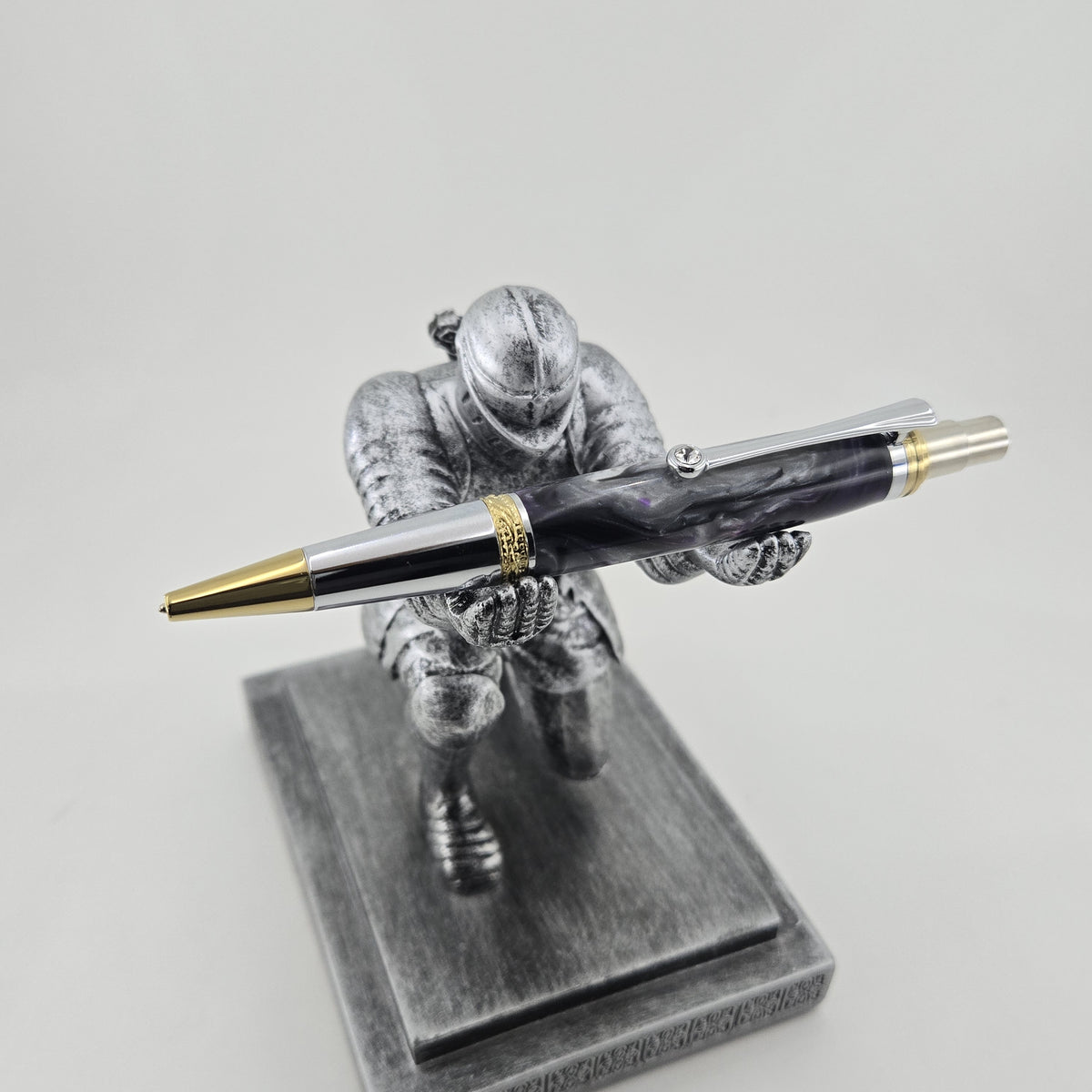 Majestic Squire EDC Click Pen – Hand-Turned Click Pen with Crystal Clip - Purple Damascus, Gold TN and Chrome