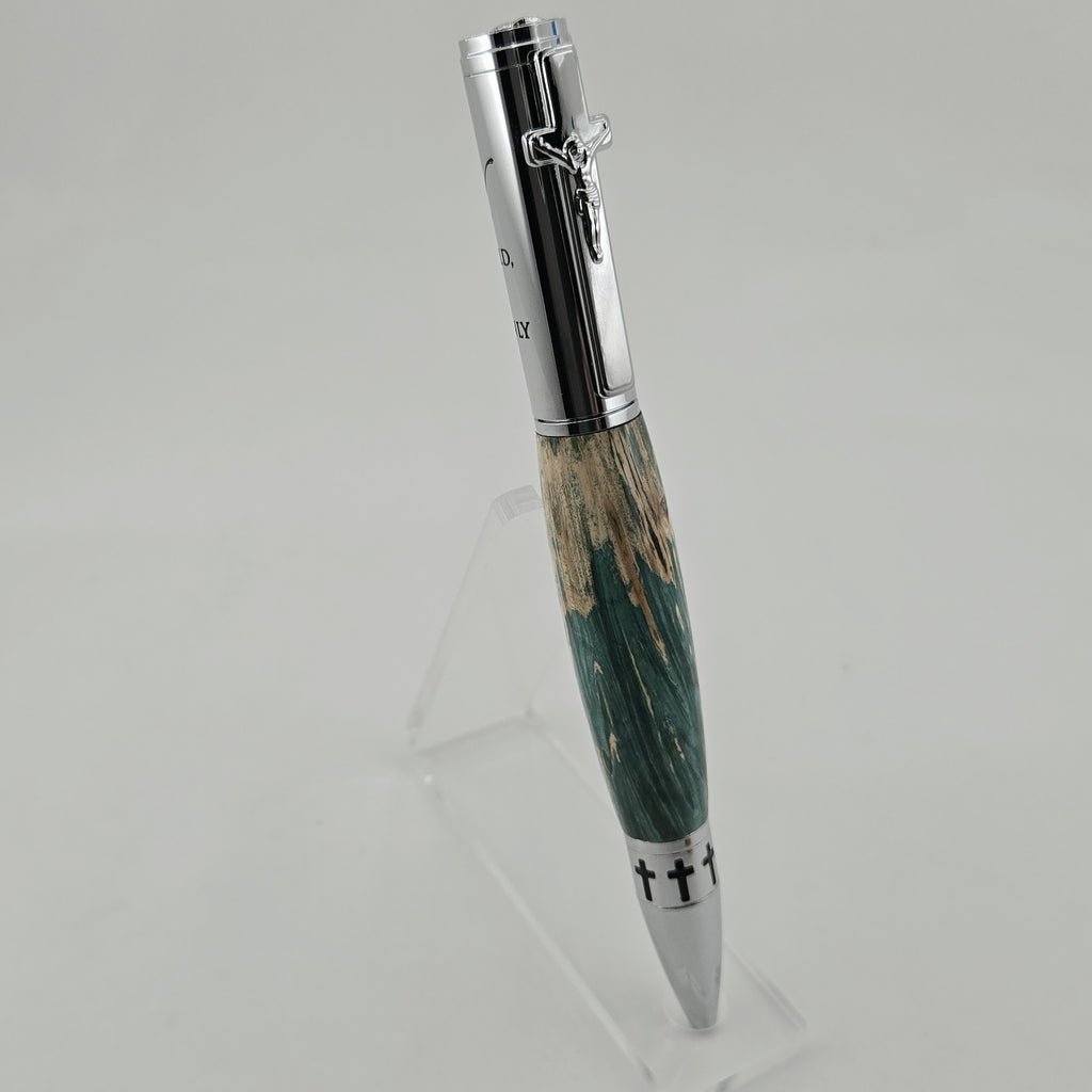 John 3:16 Twist Pen – Hand-Turned Scripture Pen with Crucifix Clip and Praying Hands - Turquoise Box Elder, Chrome