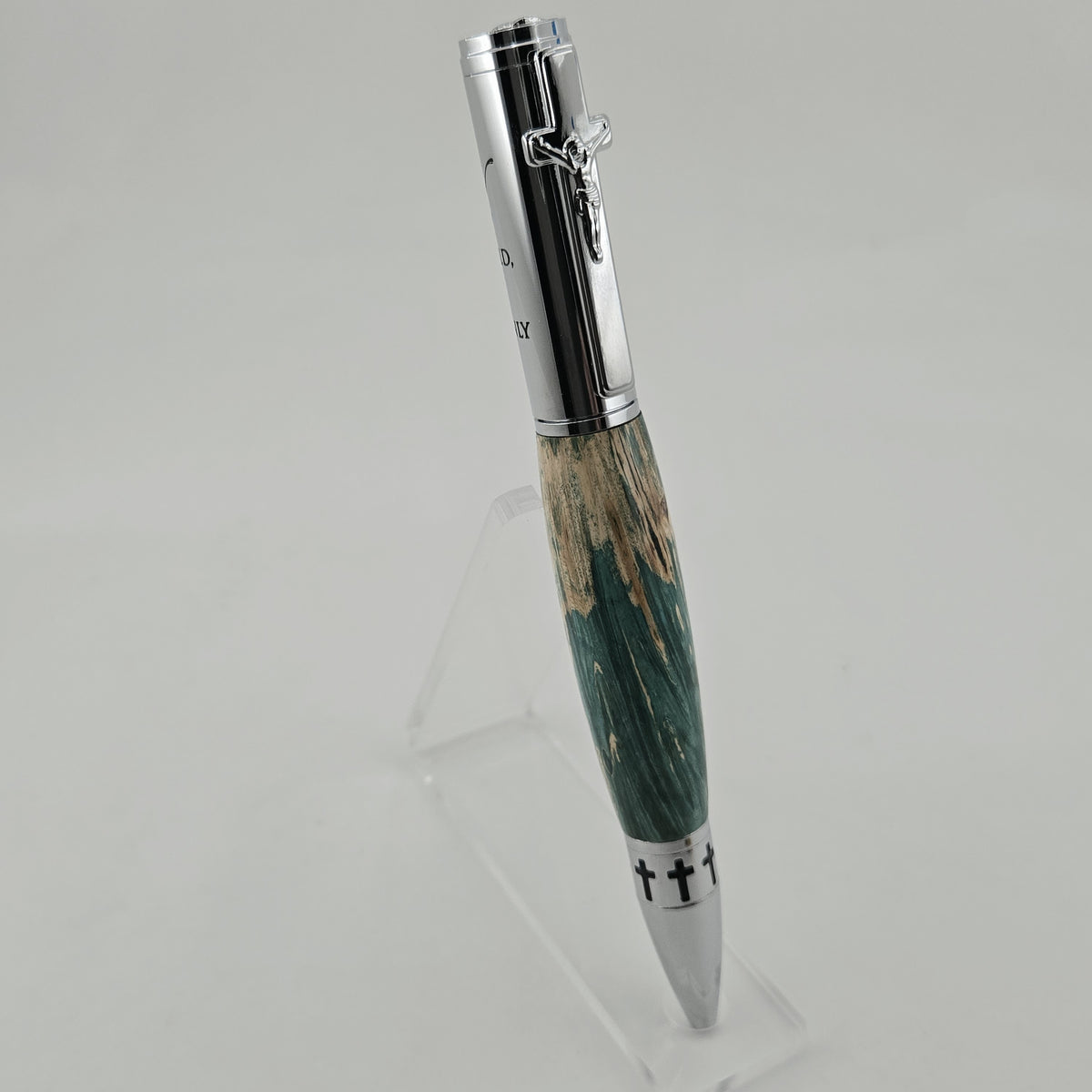 John 3:16 Twist Pen – Hand-Turned Scripture Pen with Crucifix Clip and Praying Hands - Turquoise Box Elder, Chrome