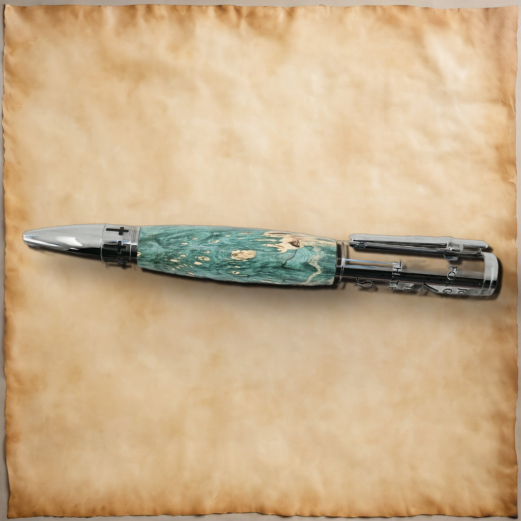 John 3:16 Twist Pen – Hand-Turned Scripture Pen with Crucifix Clip and Praying Hands - Turquoise Box Elder, Chrome