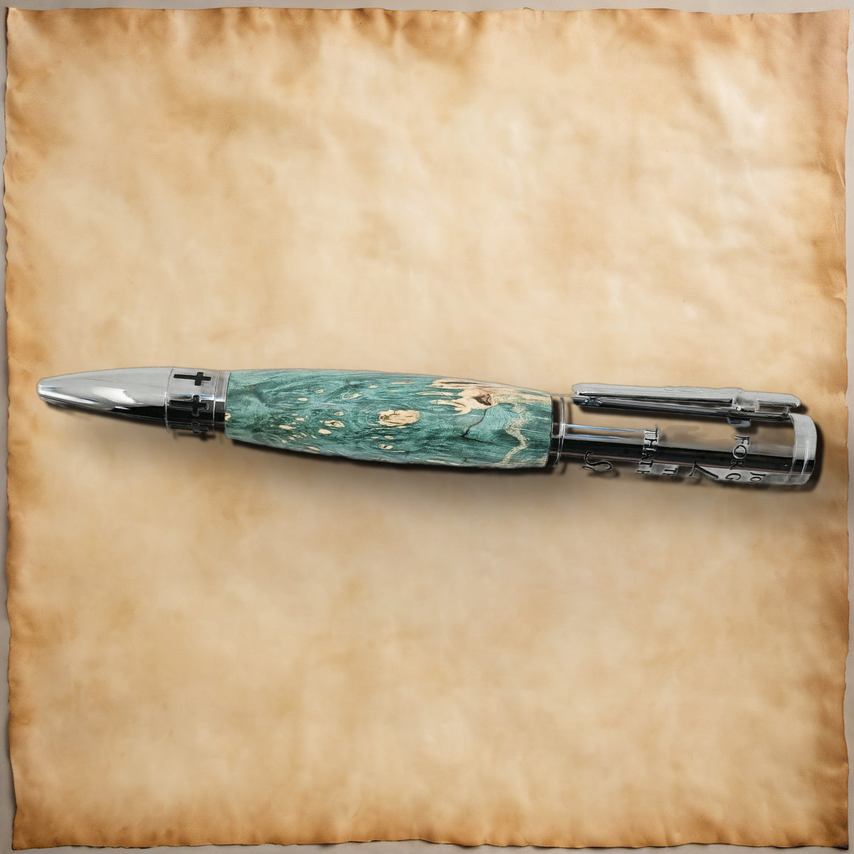 John 3:16 Twist Pen – Hand-Turned Scripture Pen with Crucifix Clip and Praying Hands - Turquoise Box Elder, Chrome
