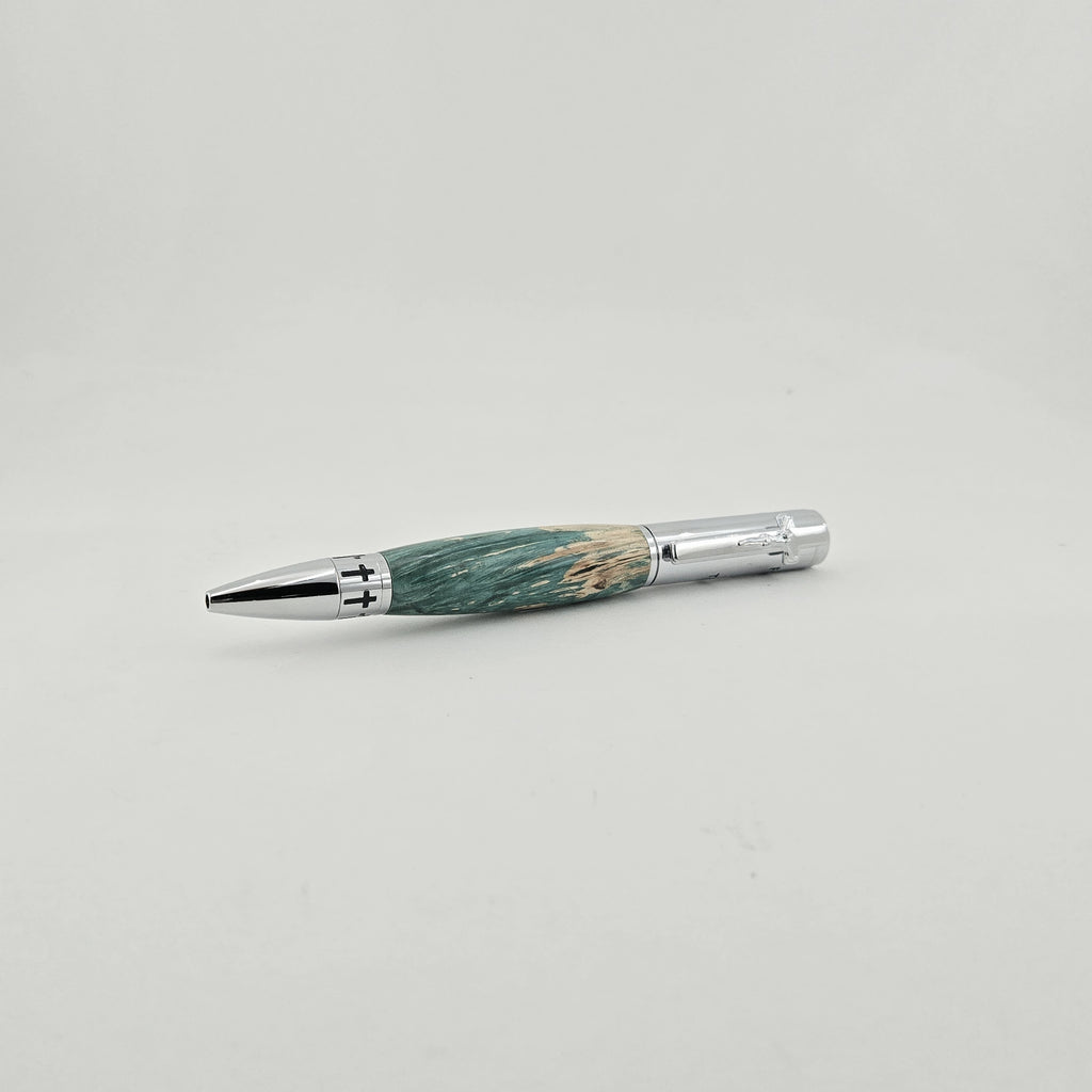 John 3:16 Twist Pen – Hand-Turned Scripture Pen with Crucifix Clip and Praying Hands - Turquoise Box Elder, Chrome