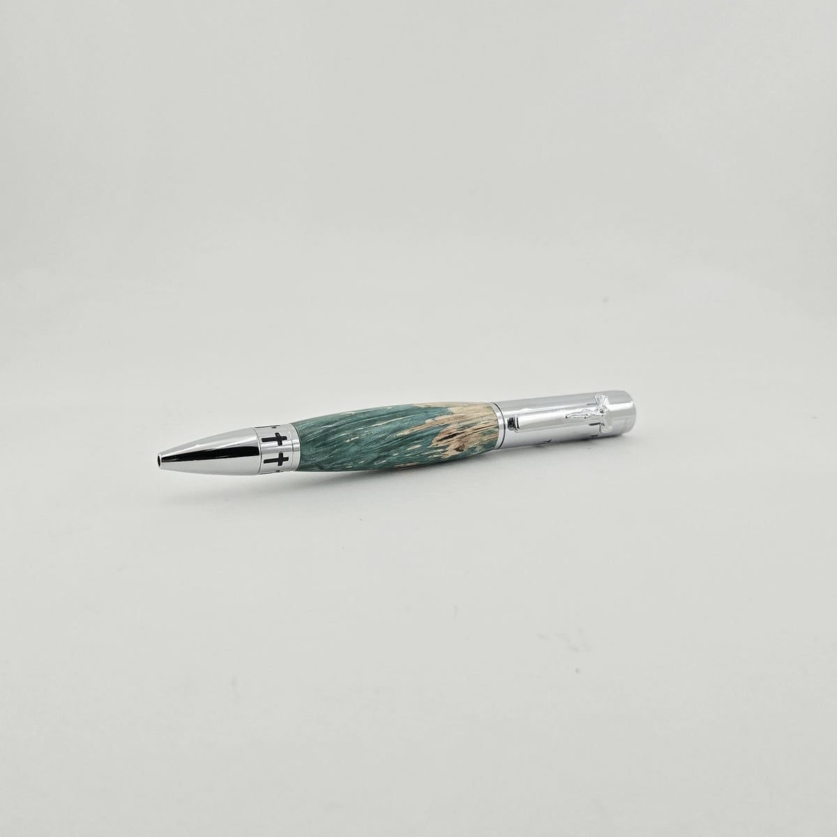 John 3:16 Twist Pen – Hand-Turned Scripture Pen with Crucifix Clip and Praying Hands - Turquoise Box Elder, Chrome