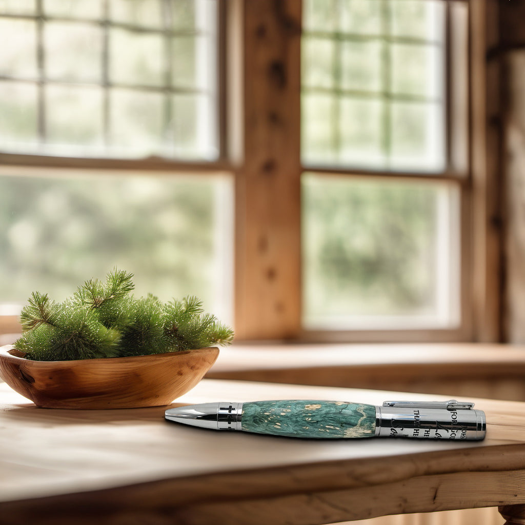 John 3:16 Twist Pen – Hand-Turned Scripture Pen with Crucifix Clip and Praying Hands - Turquoise Box Elder, Chrome