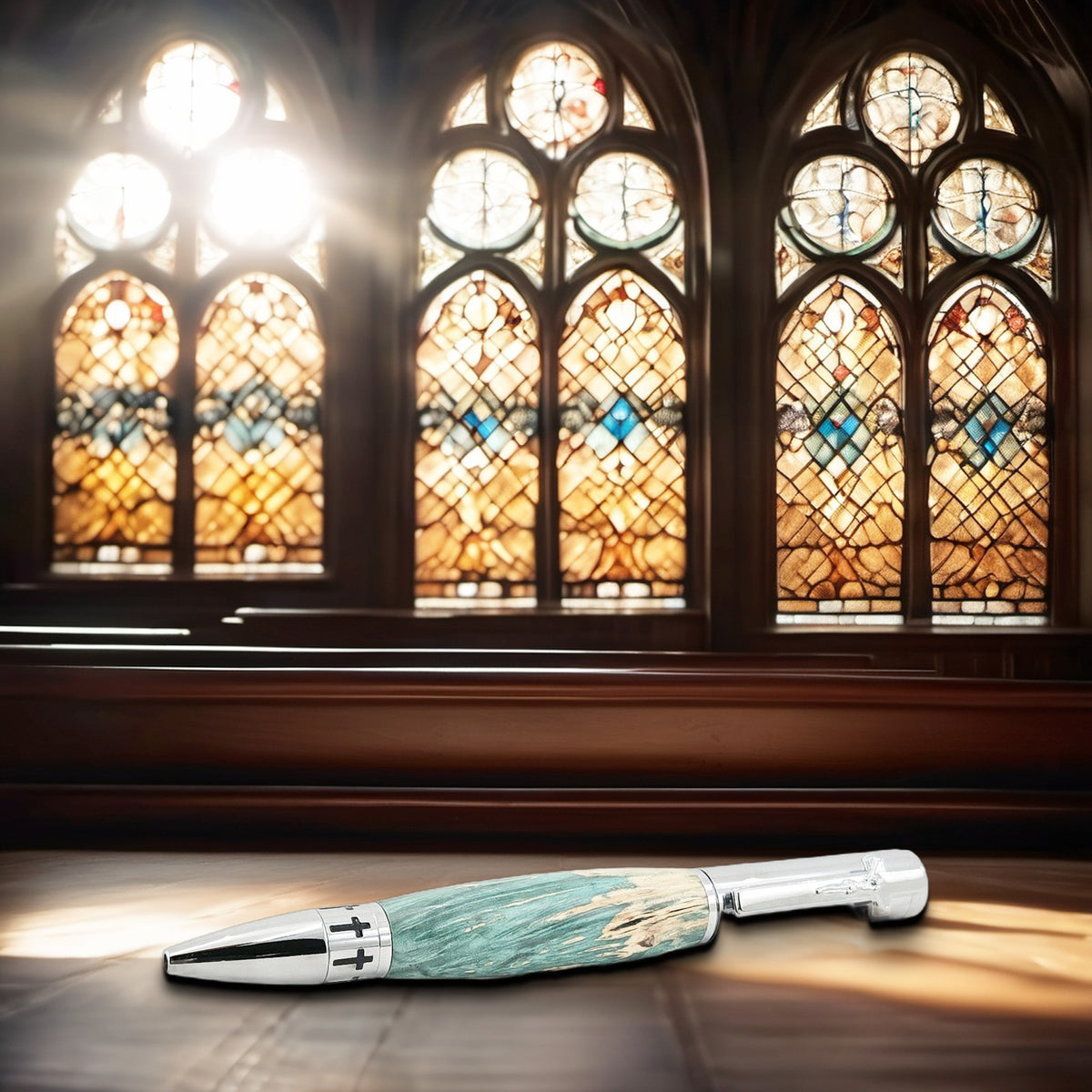 John 3:16 Twist Pen – Hand-Turned Scripture Pen with Crucifix Clip and Praying Hands - Turquoise Box Elder, Chrome