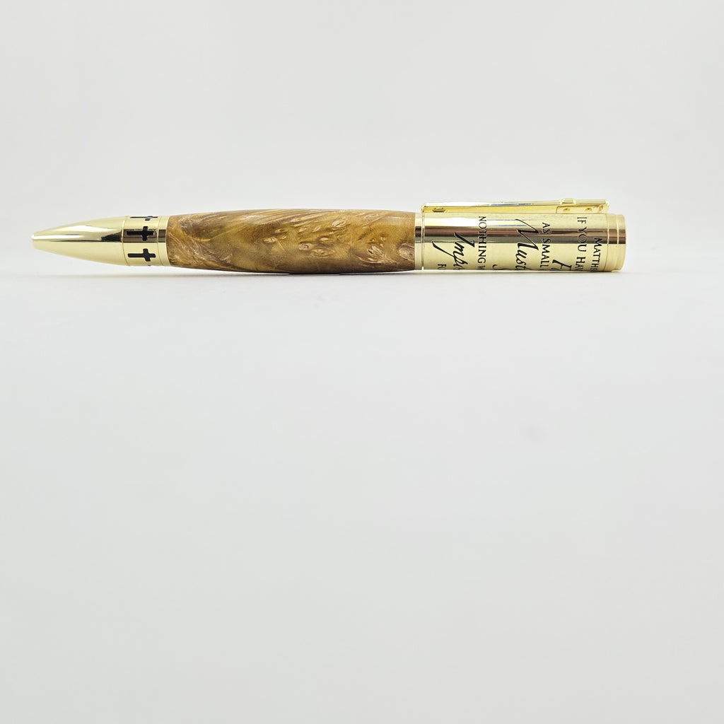 Matthew 17:20 Mustard Seed Twist Pen – Hand-Turned Scripture Pen with a Real Mustard Seed - Yellow Box Elder, Gold