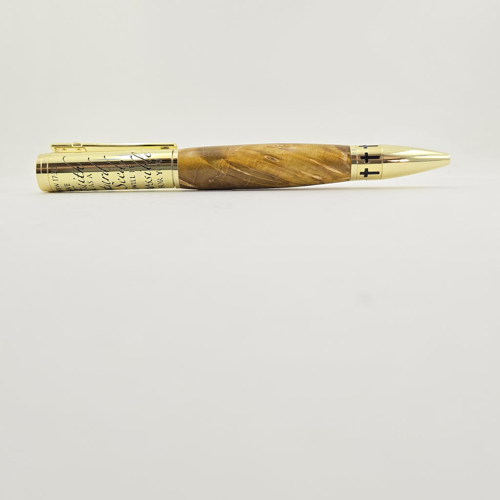 Matthew 17:20 Mustard Seed Twist Pen – Hand-Turned Scripture Pen with a Real Mustard Seed - Yellow Box Elder, Gold