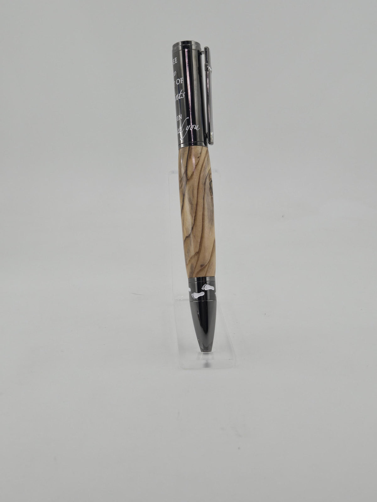 Footprints in the Sand Pen – Hand-Turned Twist Pen with Cross Clip - Bethlehem Olivewood, Gun Metal