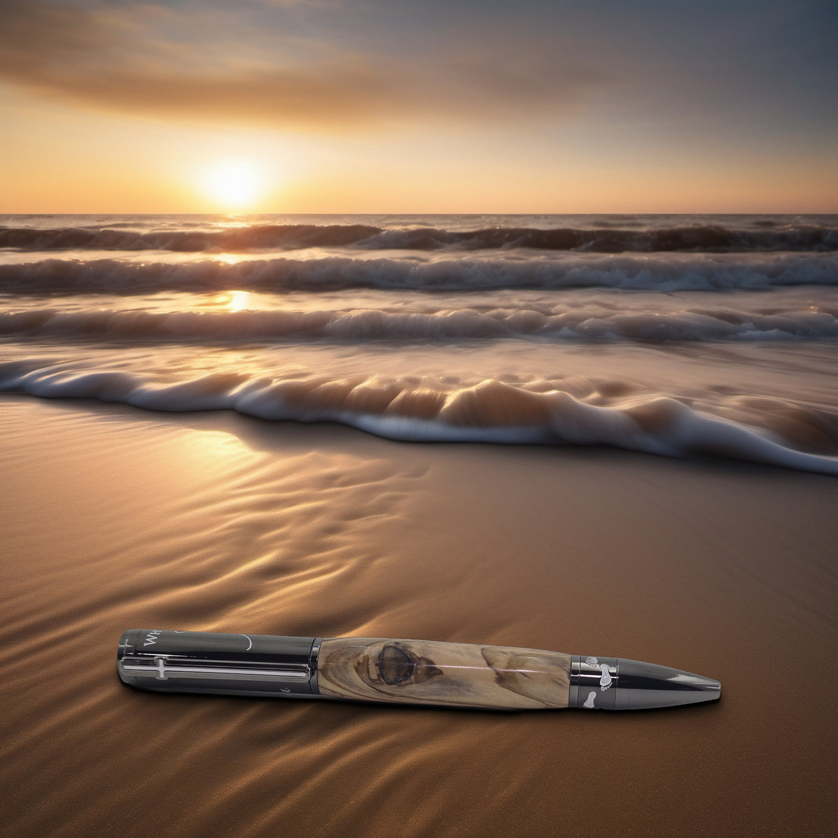 Footprints in the Sand Pen – Hand-Turned Twist Pen with Cross Clip - Bethlehem Olivewood, Gun Metal