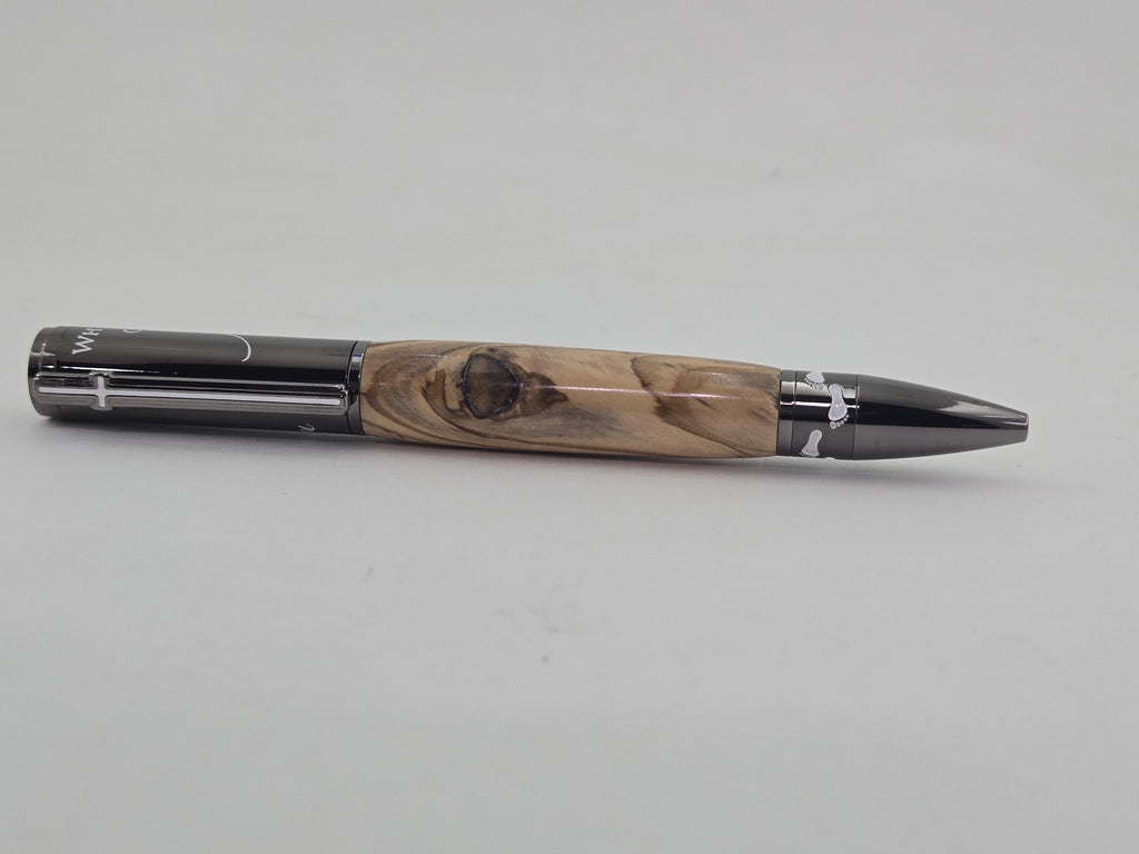Footprints in the Sand Pen – Hand-Turned Twist Pen with Cross Clip - Bethlehem Olivewood, Gun Metal