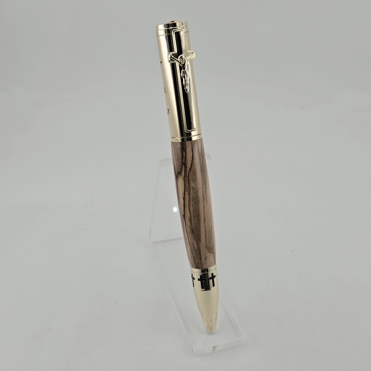 John 3:16 Twist Pen – Hand-Turned Scripture Pen with Crucifix Clip and Praying Hands - Bethlehem Olivewood, Gold