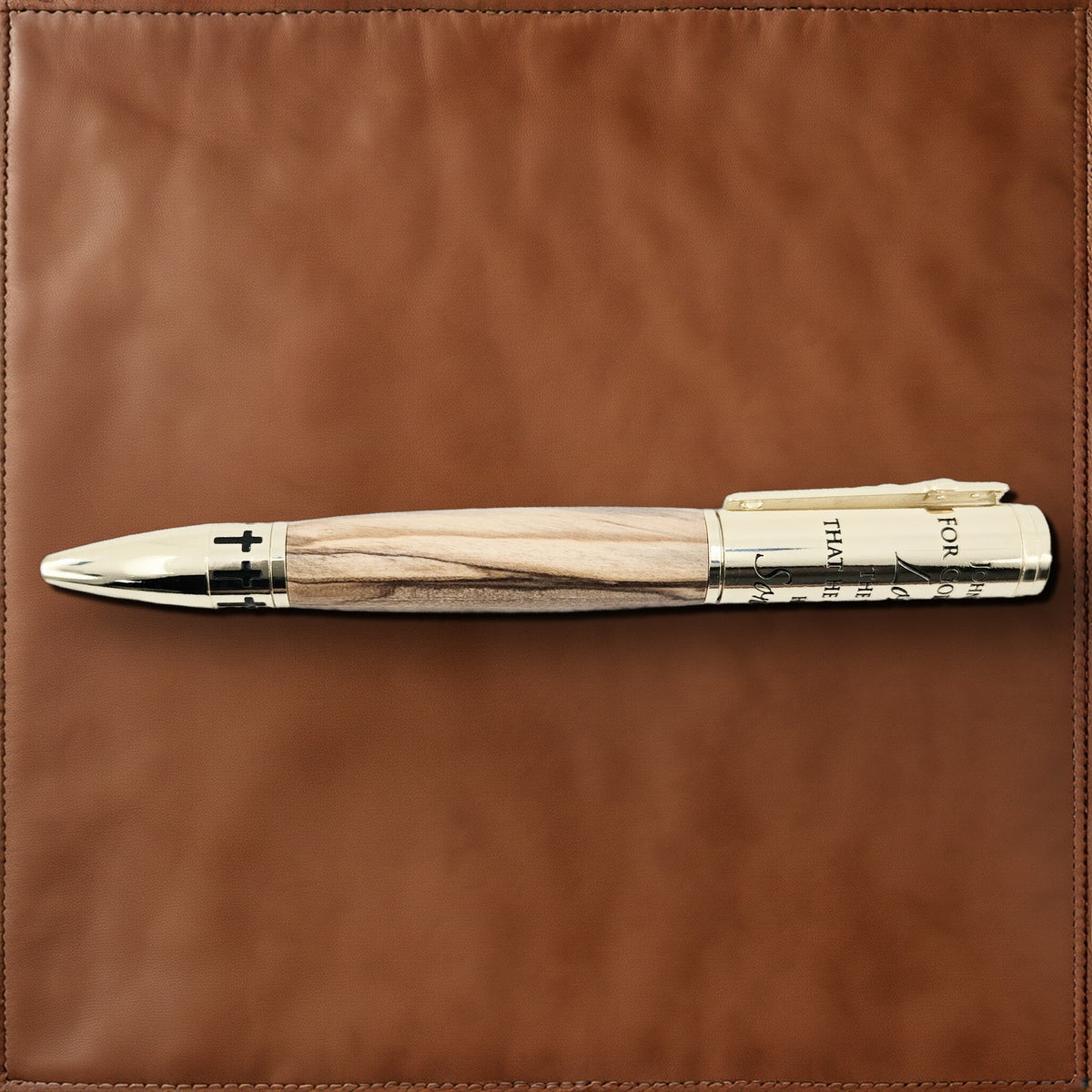 John 3:16 Twist Pen – Hand-Turned Scripture Pen with Crucifix Clip and Praying Hands - Bethlehem Olivewood, Gold