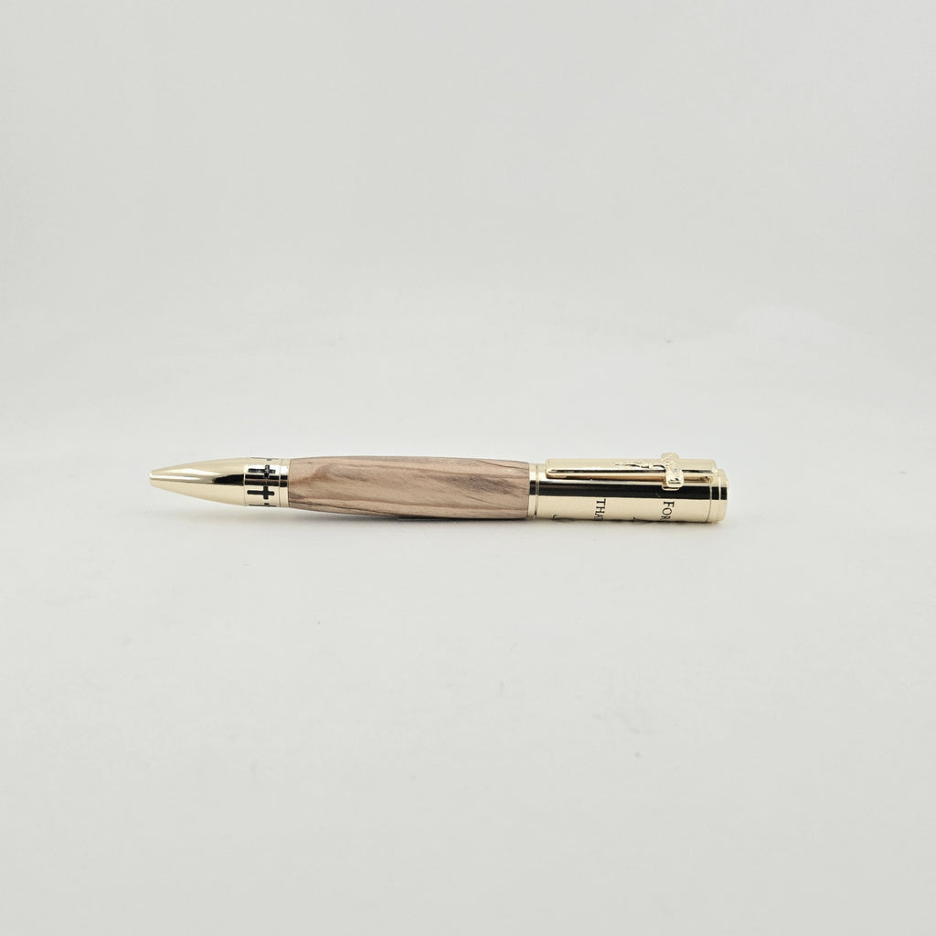 John 3:16 Twist Pen – Hand-Turned Scripture Pen with Crucifix Clip and Praying Hands - Bethlehem Olivewood, Gold