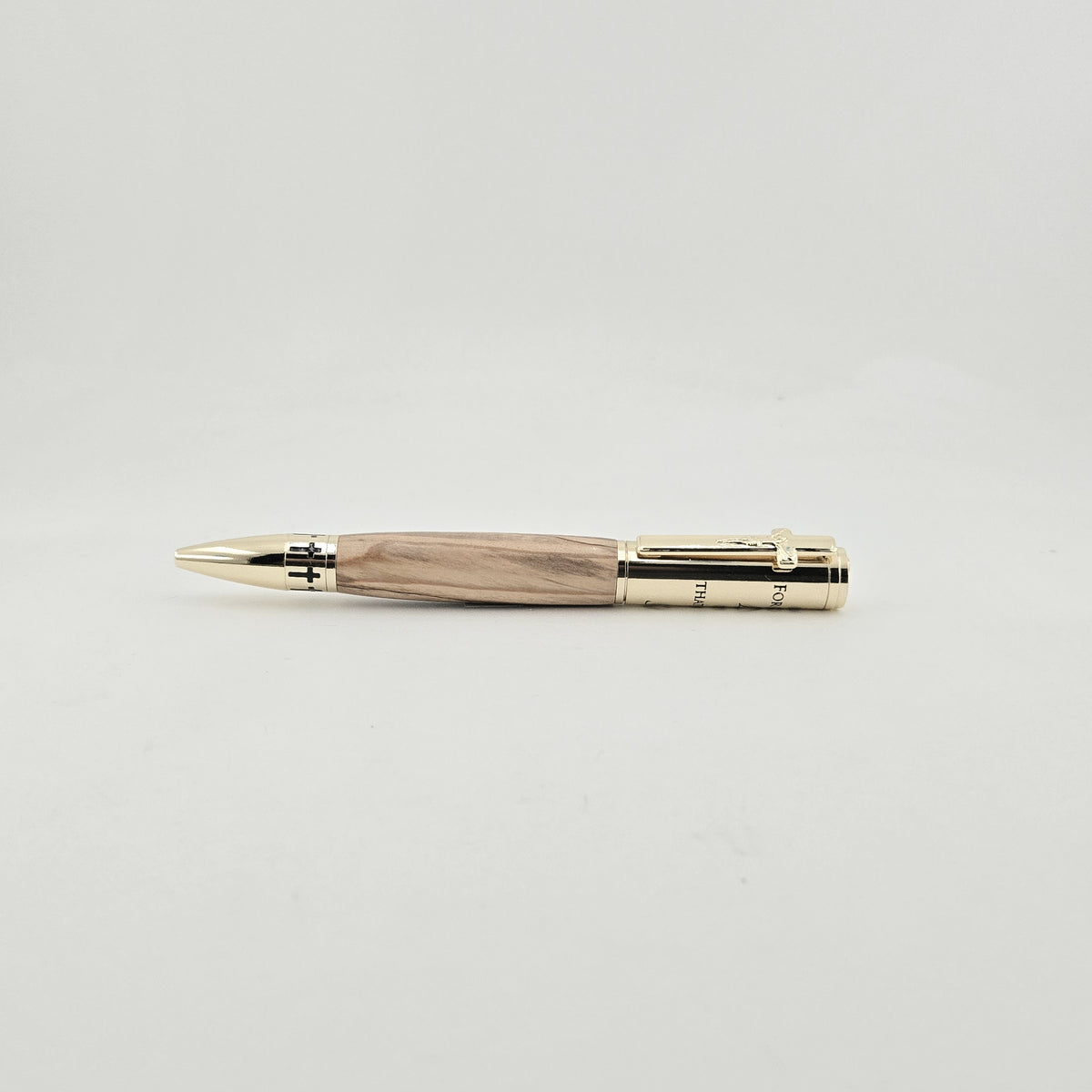 John 3:16 Twist Pen – Hand-Turned Scripture Pen with Crucifix Clip and Praying Hands - Bethlehem Olivewood, Gold