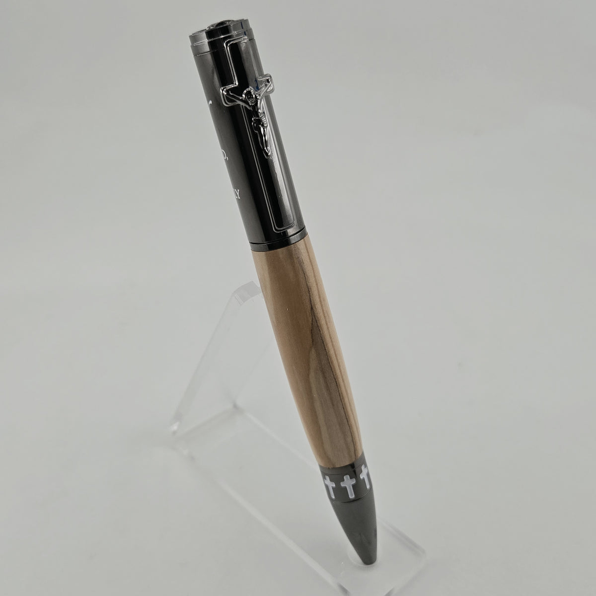 John 3:16 Twist Pen – Hand-Turned Scripture Pen with Crucifix Clip and Praying Hands - Bethlehem Olivewood, Gun Metal