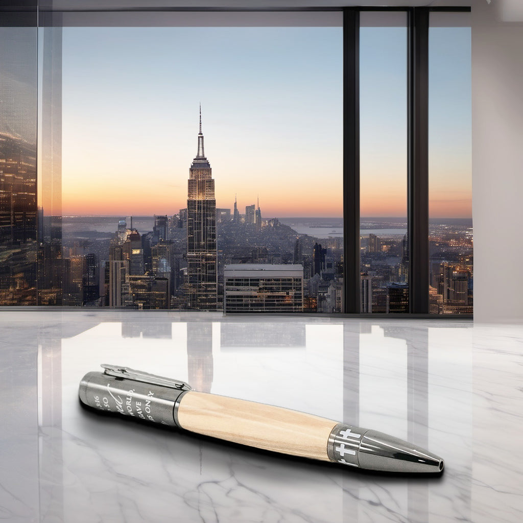 John 3:16 Twist Pen – Hand-Turned Scripture Pen with Crucifix Clip and Praying Hands - Bethlehem Olivewood, Gun Metal