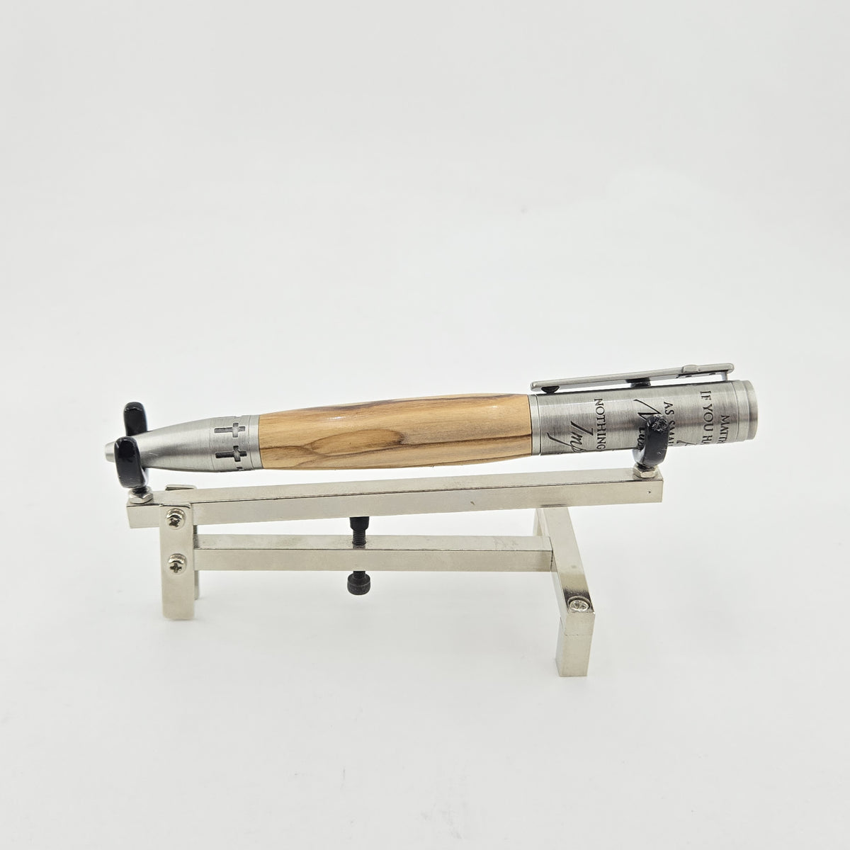 Matthew 17:20 Mustard Seed Twist Pen – Hand-Turned Scripture Pen with a Real Mustard Seed - Bethlehem Olivewood, Antique Pewter