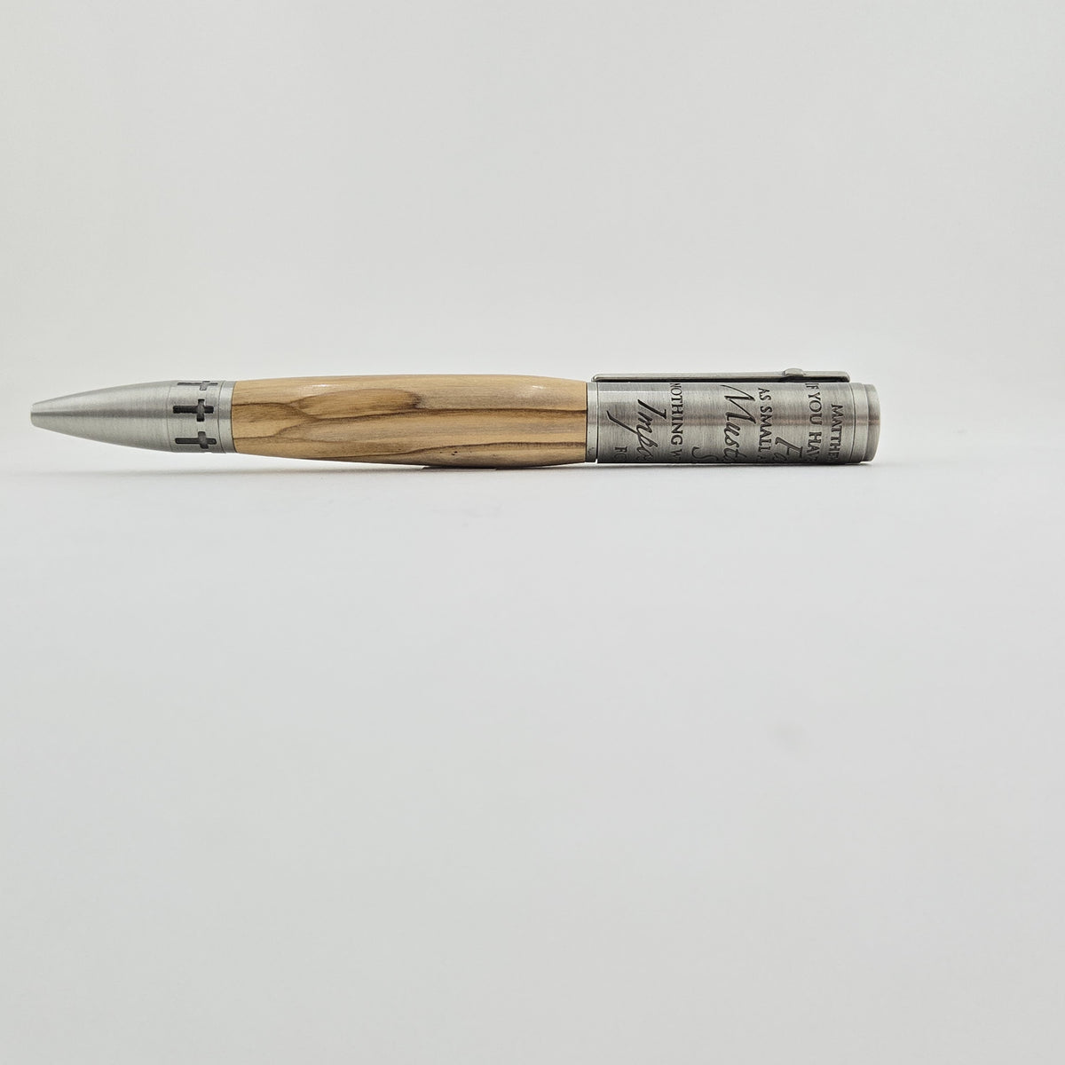 Matthew 17:20 Mustard Seed Twist Pen – Hand-Turned Scripture Pen with a Real Mustard Seed - Bethlehem Olivewood, Antique Pewter