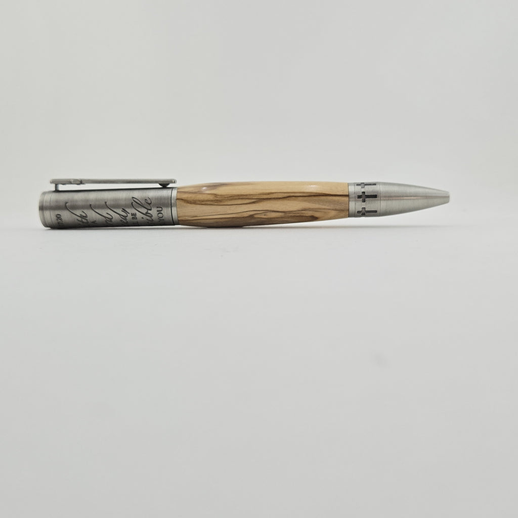 Matthew 17:20 Mustard Seed Twist Pen – Hand-Turned Scripture Pen with a Real Mustard Seed - Bethlehem Olivewood, Antique Pewter