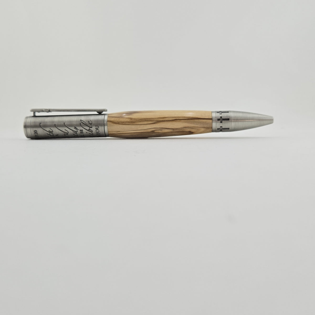 Matthew 17:20 Mustard Seed Twist Pen – Hand-Turned Scripture Pen with a Real Mustard Seed - Bethlehem Olivewood, Antique Pewter