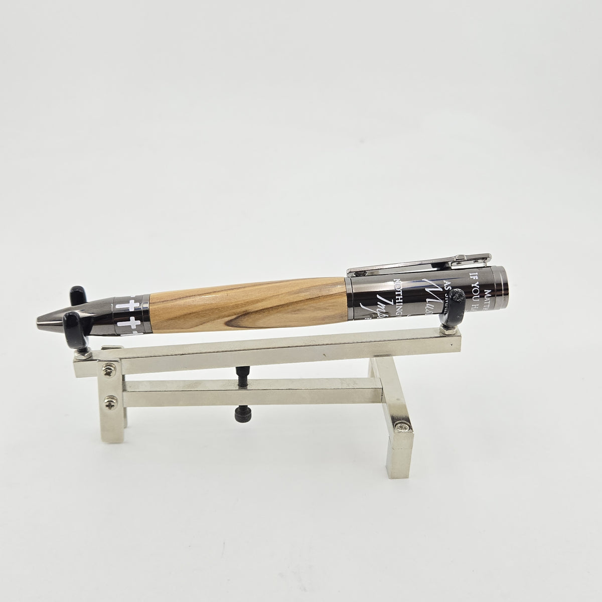 Matthew 17:20 Mustard Seed Twist Pen – Hand-Turned Scripture Pen with a Real Mustard Seed - Bethlehem Olivewood, Gun Metal