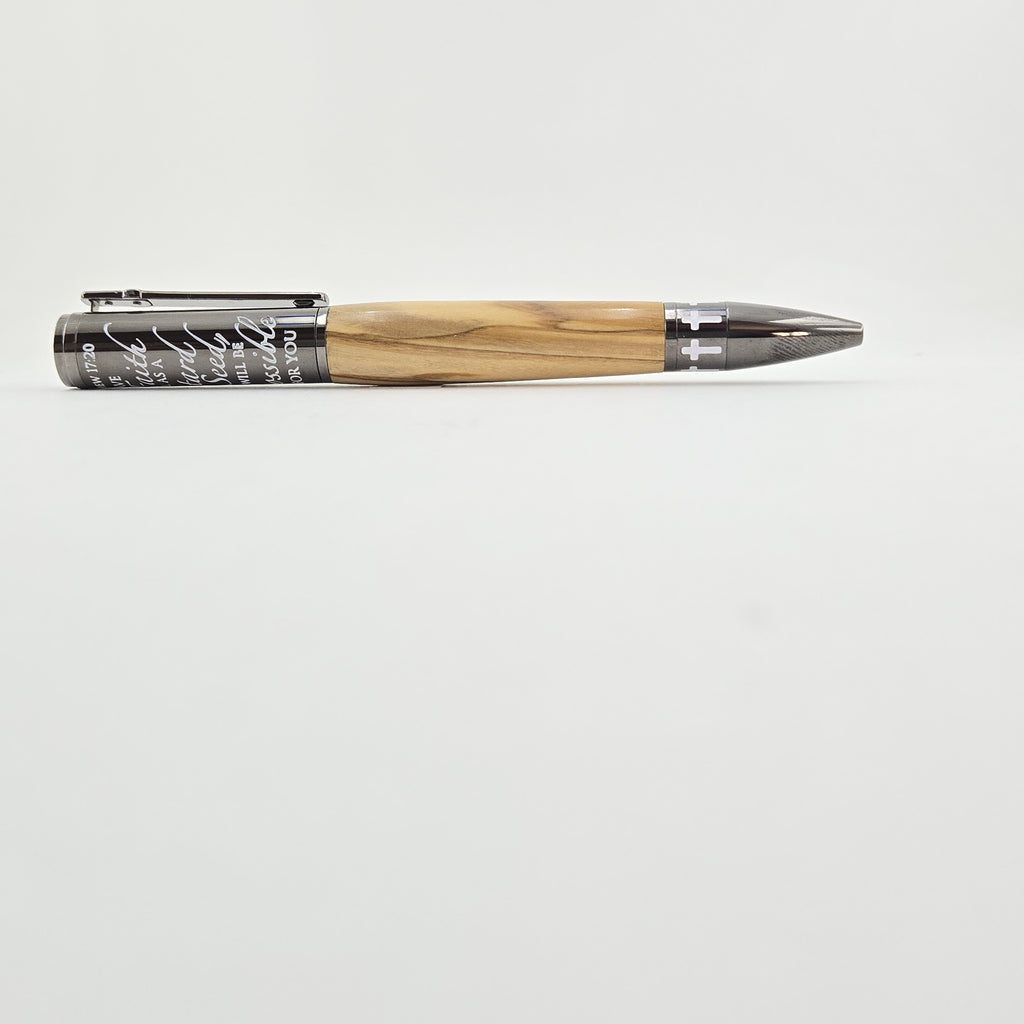 Matthew 17:20 Mustard Seed Twist Pen – Hand-Turned Scripture Pen with a Real Mustard Seed - Bethlehem Olivewood, Gun Metal