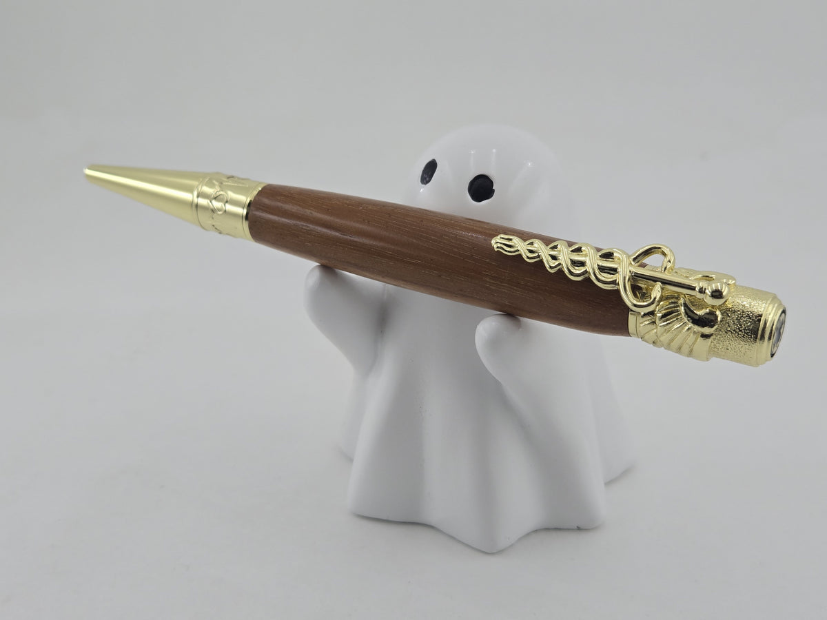 Medical Twist Pen – Hand-Turned Caduceus Pen with EKG Heartbeat Tip - Chakte Viga - Orangeheart Wood, Gold