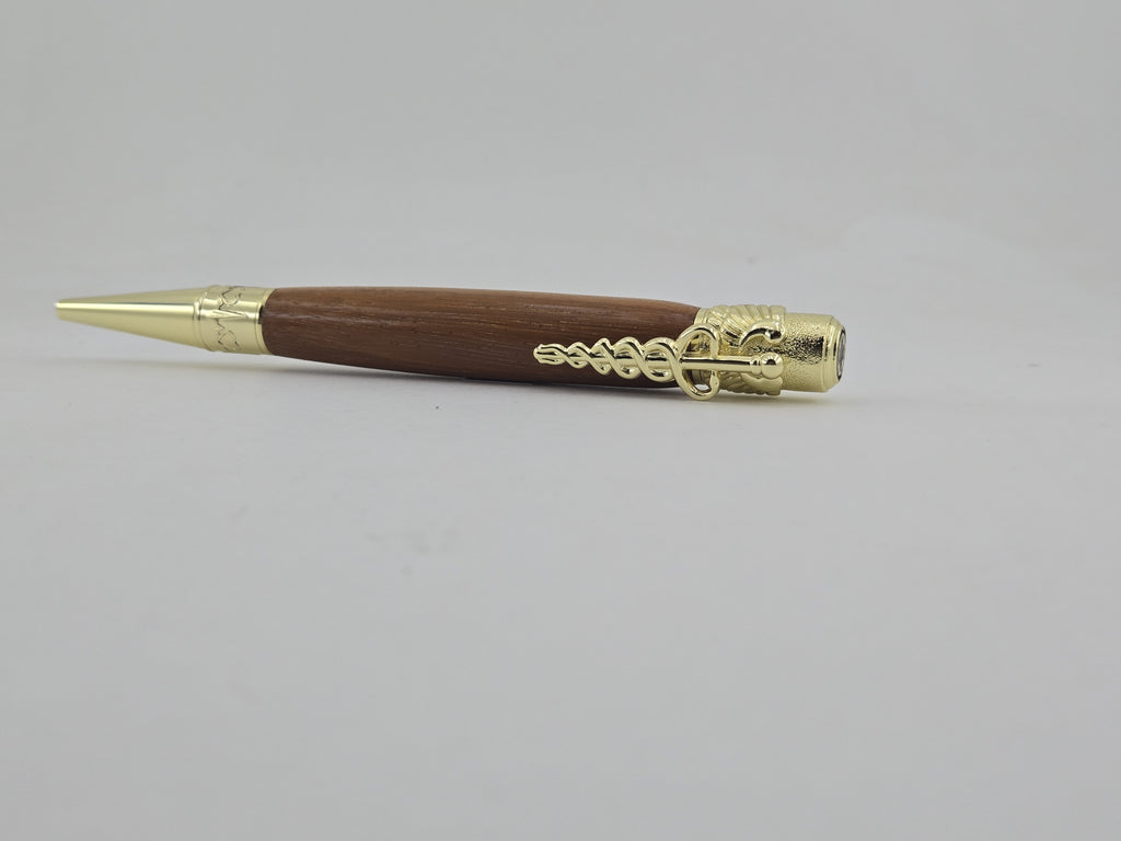 Medical Twist Pen – Hand-Turned Caduceus Pen with EKG Heartbeat Tip - Chakte Viga - Orangeheart Wood, Gold