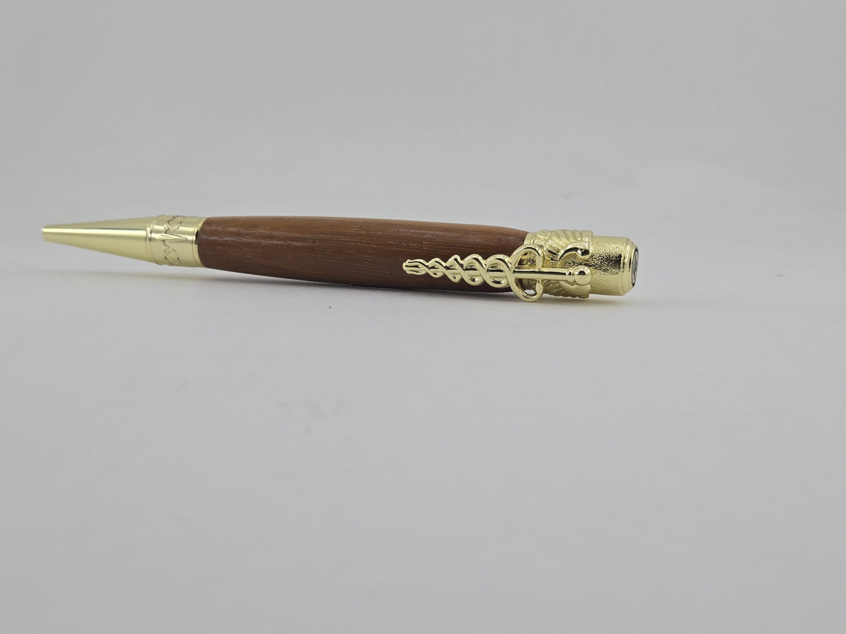 Medical Twist Pen – Hand-Turned Caduceus Pen with EKG Heartbeat Tip - Chakte Viga - Orangeheart Wood, Gold