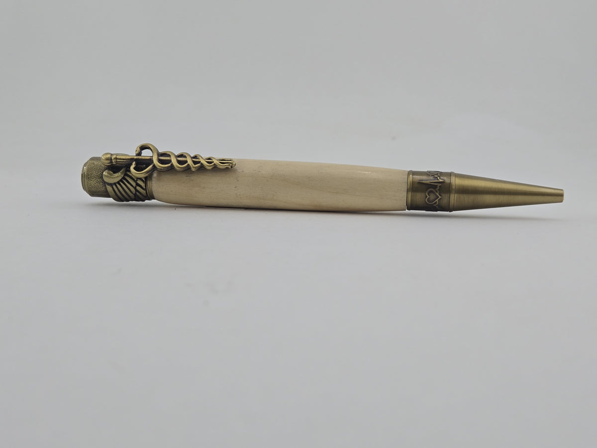 Medical Twist Pen – Hand-Turned Caduceus Pen with EKG Heartbeat Tip - Maple Wood, Antique Brass