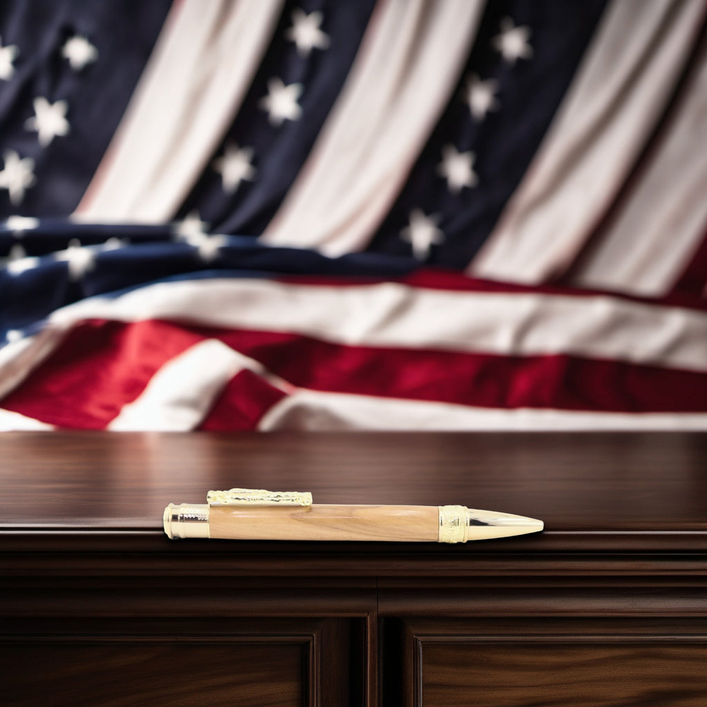 Hand-Turned Military Pen – Sculpted Soldier Clip and USA End Cap Twist Pen - Olivewood, Gold