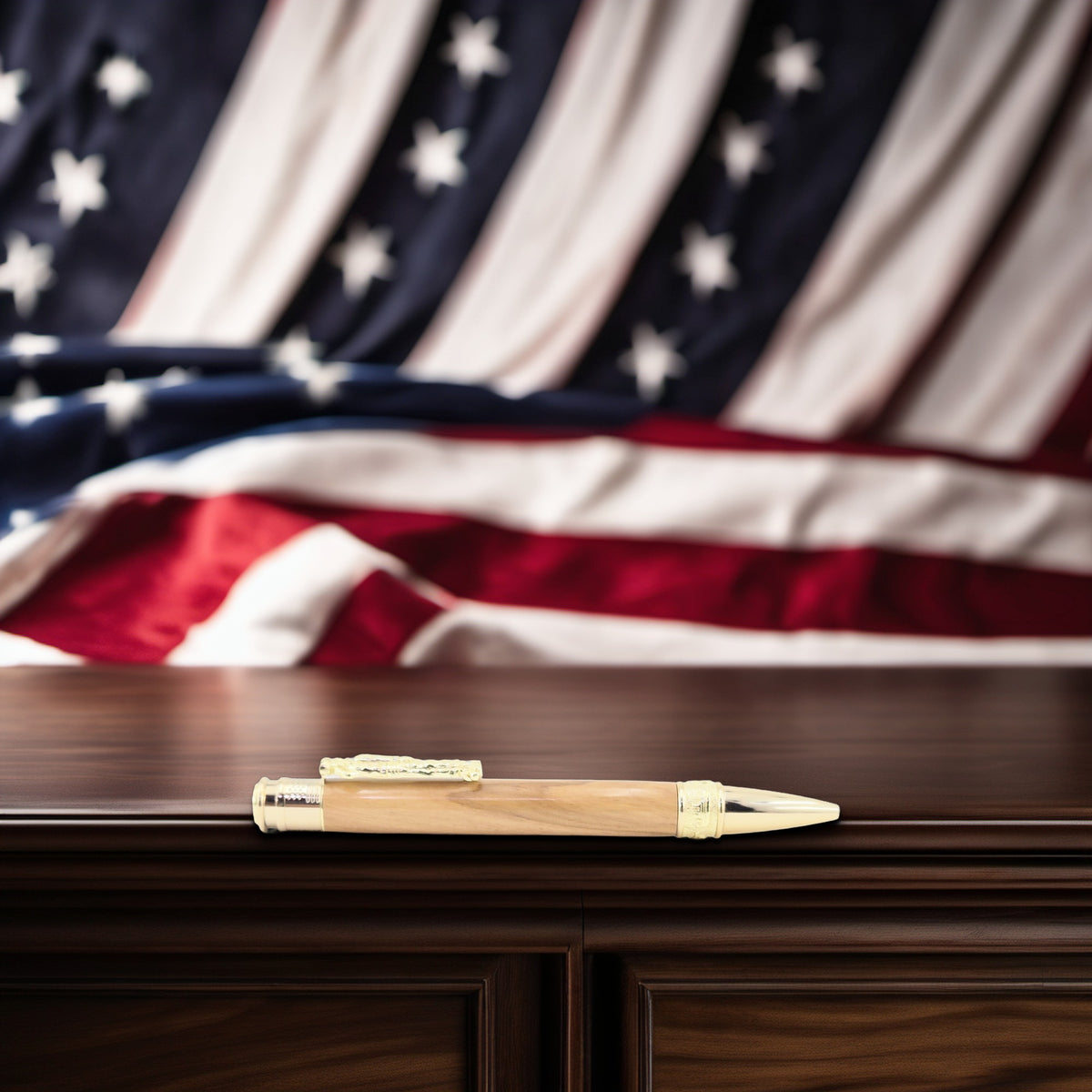 Hand-Turned Military Pen – Sculpted Soldier Clip and USA End Cap Twist Pen - Olivewood, Gold