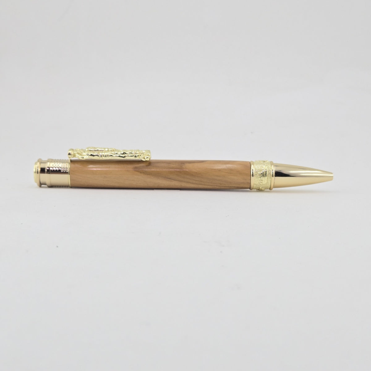 Hand-Turned Military Pen – Sculpted Soldier Clip and USA End Cap Twist Pen - Olivewood, Gold