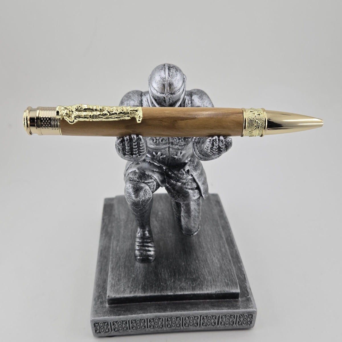 Hand-Turned Military Pen – Sculpted Soldier Clip and USA End Cap Twist Pen - Olivewood, Gold