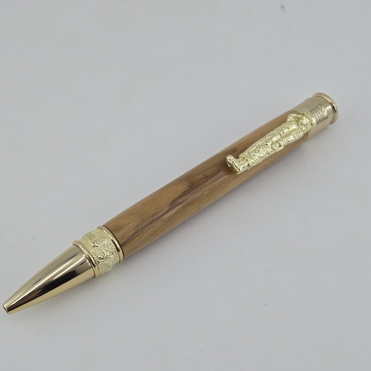 Hand-Turned Military Pen – Sculpted Soldier Clip and USA End Cap Twist Pen - Olivewood, Gold